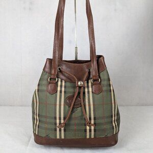 Authentic Burberry Haymarket Canvas Leather Nova Check Bucket Bag Green.